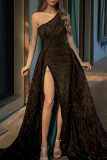 Черное элегантное однотонное вечернее платье с разрезом в стиле пэчворк и косым воротником Платья