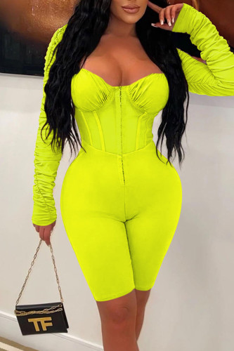 Fluorescent Green Sexy Solid Patchwork See-through Fold Zipper Square Collar Skinny Rompers