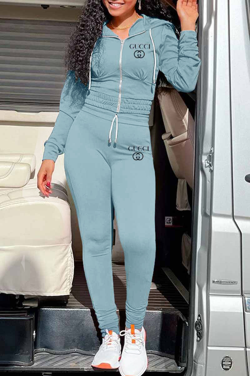 

Gray Blue Sportswear Print Letter Hooded Collar Long Sleeve Two Pieces
