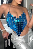 Синие сексуальные однотонные топы в стиле пэчворк с открытой спиной и бретельками на шее
