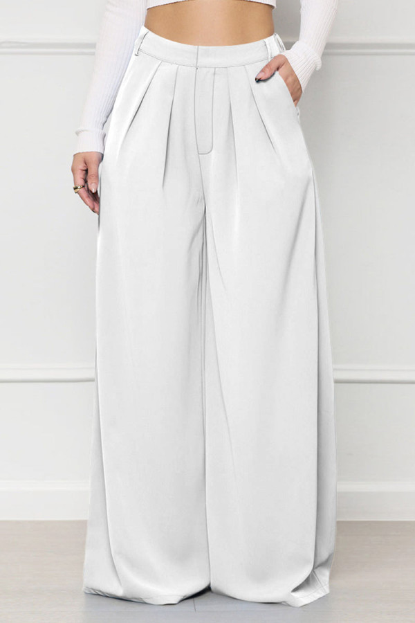 Branco casual patchwork liso cintura alta perna larga cor sólida