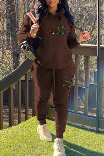 Brown Casual Print Patchwork Hooded Collar Long Sleeve Two Pieces