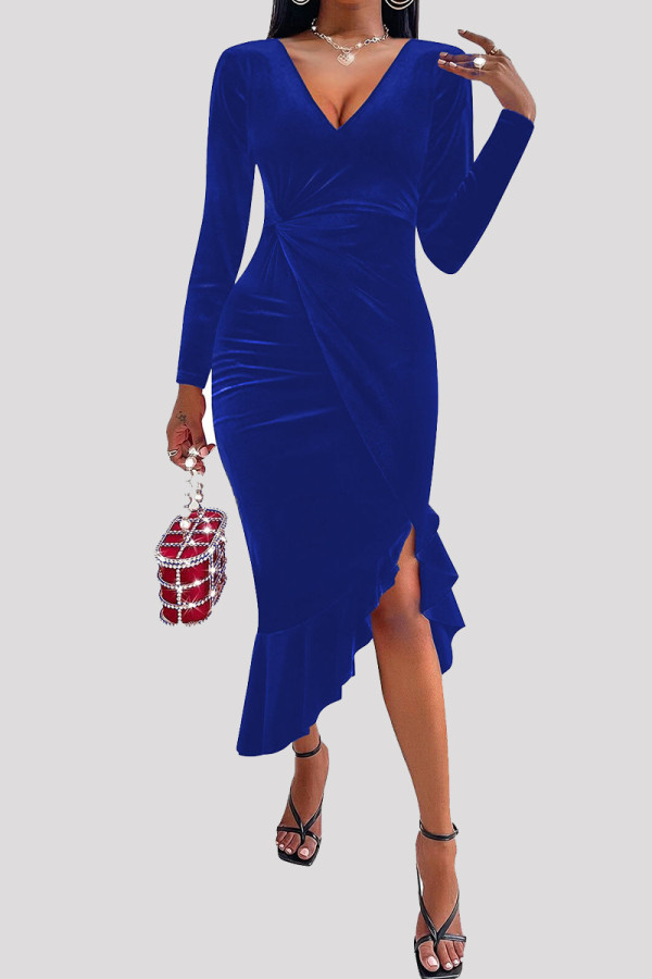 Blauwe mode sexy effen patchwork V-hals jurken met lange mouwen