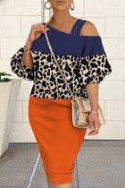 Tangerine Casual Elegant Print Leopard Patchwork Oblique Collar One Step Kjolklänningar