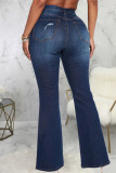 Темно-синие повседневные однотонные рваные джинсовые джинсы с высокой талией в стиле пэчворк