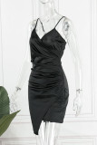 Zwarte sexy effen patchwork asymmetrische spaghetti band Sling jurk jurken