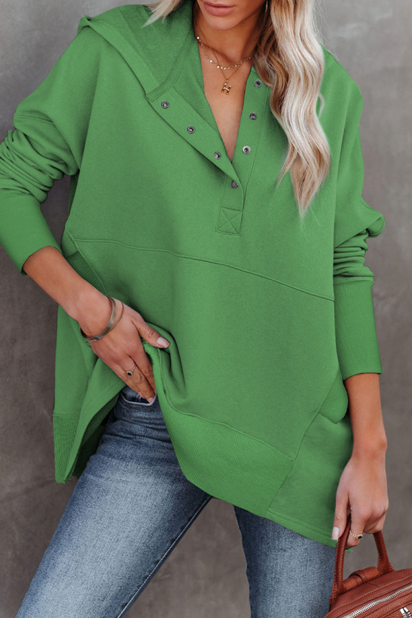 Tops de cuello con capucha de patchwork sólido informal de moda verde