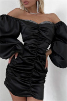 Zwarte sexy effen patchwork rugloze vouw off-shoulder jurken met lange mouwen