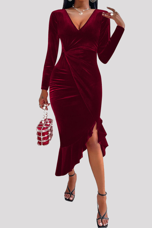Bourgondische mode Sexy effen patchwork jurken met V-hals en lange mouwen