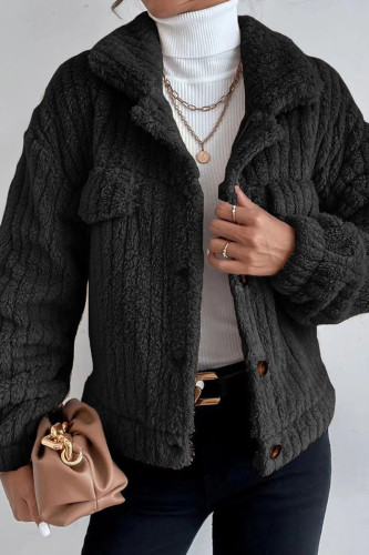 Black Casual Solid Patchwork Buckle Turndown Collar Outerwear