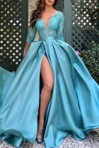 Голубое элегантное вечернее платье с V-образным вырезом и блестками в стиле пэчворк