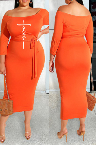 Tangerine Red Casual Print Bandage Patchwork Off the Shoulder One Step Skirt Plus Size Dresses