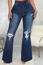 Dark Blue Casual Solid Patchwork High Waist Flare Leg Boot Cut Ripped Denim Jeans