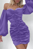 紫色のセクシーな無地パッチワーク バックレス フォールド オフ ショルダー ロング スリーブ ドレス