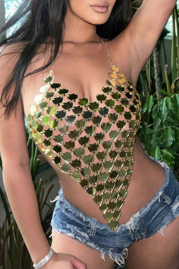 Gold Sexy Patchwork Hollowed Out Chains Backless Halter Tops