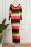 Цветные повседневные платья с длинным рукавом и принтом постепенного изменения в стиле пэчворк с V-образным вырезом