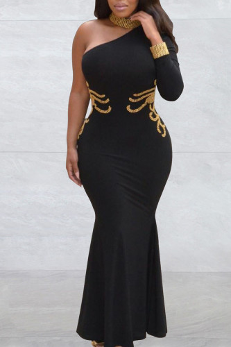 Черное элегантное однотонное длинное платье в стиле пэчворк с косым воротником и горячим дрелью Платья