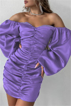 Paarse sexy effen patchwork rugloze vouw off-shoulder jurken met lange mouwen