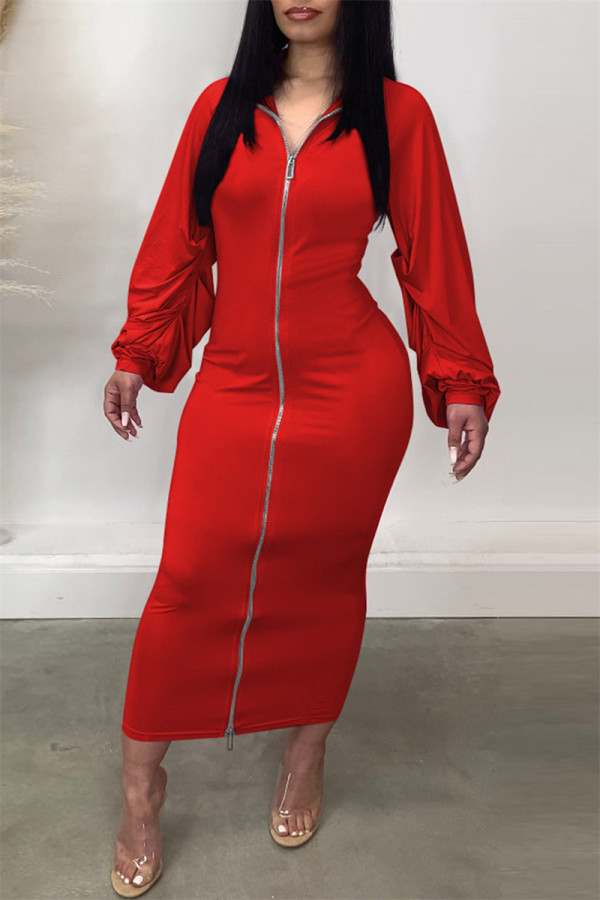 赤 カジュアル ソリッド パッチワーク ジッパー カラー ロング スリーブ ドレス
