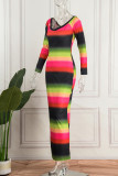 Цветные повседневные платья с длинным рукавом и принтом постепенного изменения в стиле пэчворк с V-образным вырезом
