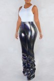 Silver Casual Solid Fold Regular High Waist Trousers