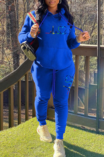 Blue Casual Print Patchwork Hooded Collar Long Sleeve Two Pieces