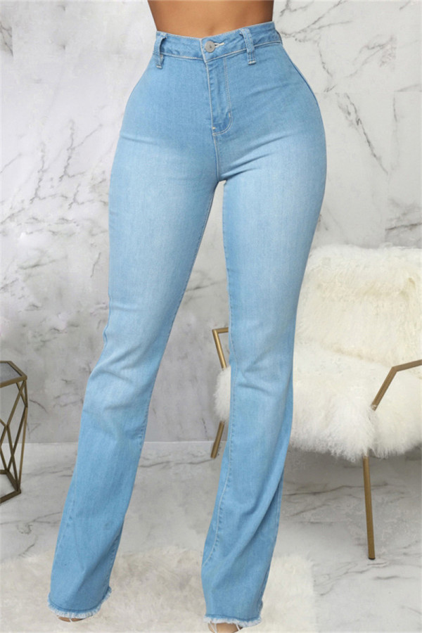 Jeans de mezclilla regular de cintura alta de patchwork sólido casual azul bebé