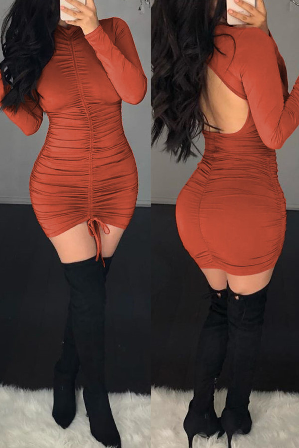 Tangerine Red Casual Solid Backless Fold O Neck Robes à manches longues