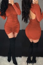 Tangerine Red Casual Solid Backless Fold O Neck Long Sleeve Jurken