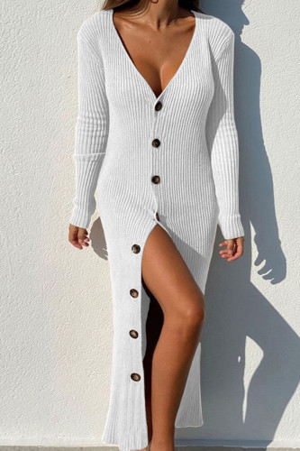 White Casual Solid Patchwork Buckle V Neck Pencil Skirt Dresses