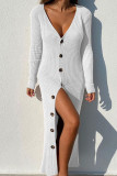 Белые повседневные однотонные платья-юбки-карандаши с пряжкой в ​​стиле пэчворк и V-образным вырезом
