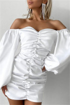 Witte sexy effen patchwork rugloze vouw off-shoulder jurken met lange mouwen