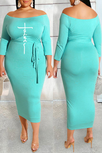 Cyanine Casual Print Bandage Patchwork Off the Shoulder One Step Skirt Plus Size Dresses