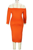 Tangerine Red Casual Print Bandage Лоскутная юбка с открытыми плечами One Step Платья больших размеров