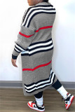 Grey Casual Striped Cardigan Plus Size Overcoat
