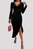 Schwarze Mode Sexy Solid Patchwork V-Ausschnitt Langarm-Kleider