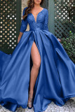 Ljusblå Eleganta solida paljetter Patchwork V-ringad aftonklänning