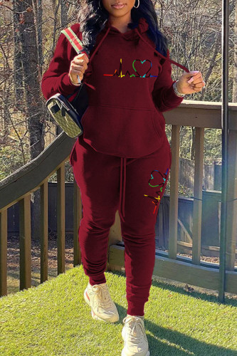 Burgundy Casual Print Patchwork Hooded Collar Long Sleeve Two Pieces