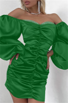 Vestidos de manga larga con hombros descubiertos y pliegues sin espalda de patchwork sólido sexy verde