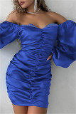 Blauwe sexy effen patchwork rugloze vouw off-shoulder jurken met lange mouwen