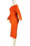 Tangerine Red Casual Print Bandage Patchwork Off-shoulder Eenstaps rok Grote maten jurken