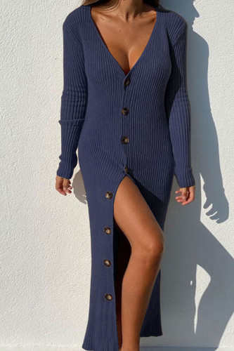 Tibetan Blue Casual Solid Patchwork Buckle V Neck Pencil Skirt Dresses
