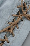 Lichtblauwe casual effen gescheurde uitgeholde frenulum skinny jeans met halfhoge taille