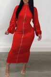 Vestidos de manga larga con cuello de cremallera de patchwork sólido casual rojo