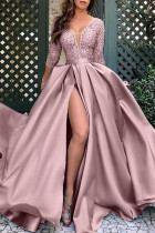 Rosa eleganta solida paljetter Patchwork V-ringad aftonklänning