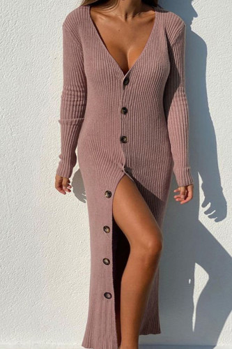 Pink Casual Solid Patchwork Buckle V Neck Pencil Skirt Dresses