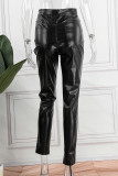 Pantalones casuales de color sólido de cintura alta ajustados con bolsillo sólido negro