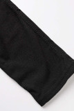 Negro casual estampado patchwork cremallera capucha cuello manga larga dos piezas
