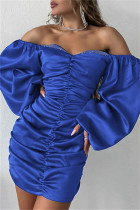 Blauwe sexy effen patchwork rugloze vouw off-shoulder jurken met lange mouwen