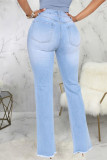 Jeans jeans azul claro casual patchwork sólido corte bota cintura alta